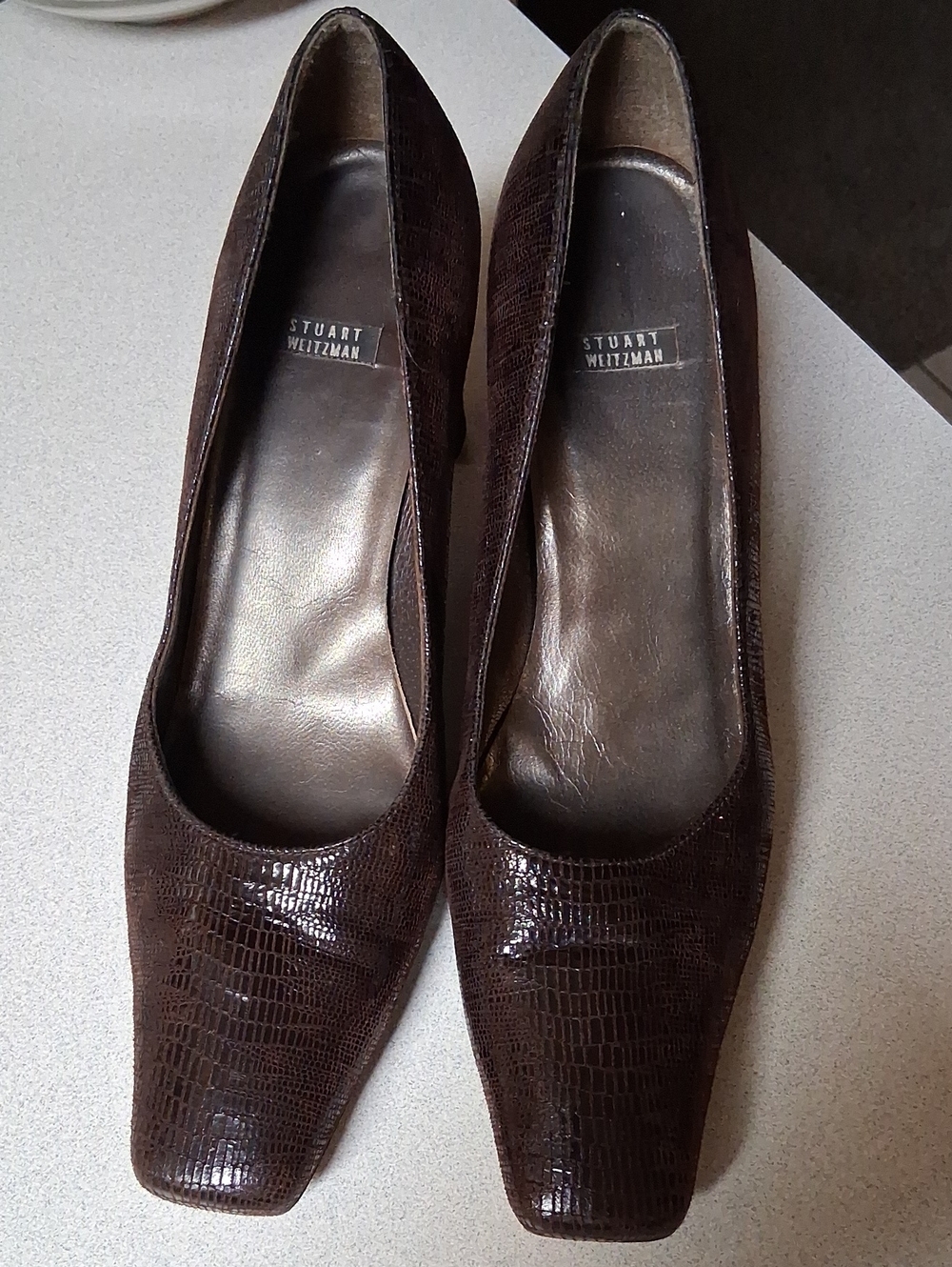 Womens Stuart Weitzman Dark Brown Snake Skin-Embossed Leather Block Heel Size 9B